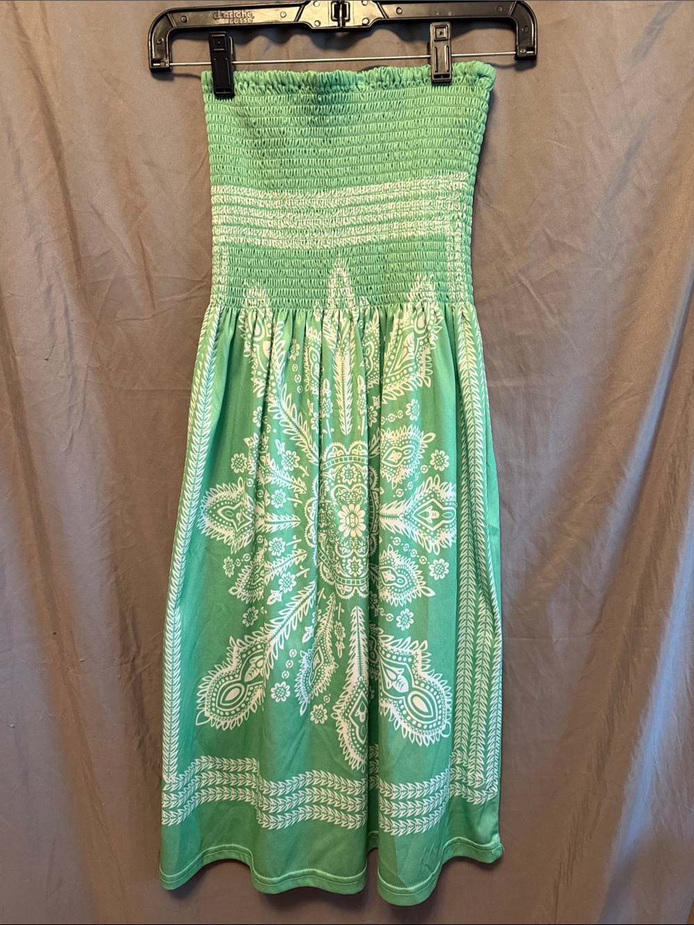 VENUS Mint Green Strapless Smocked Midi Dress with White Paisley